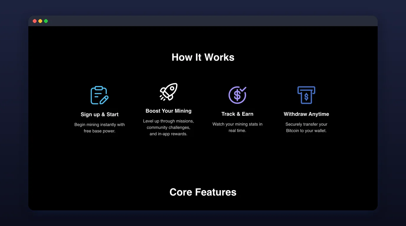 BitPlayPro how it works: sign up, boost mining, track earnings, withdraw