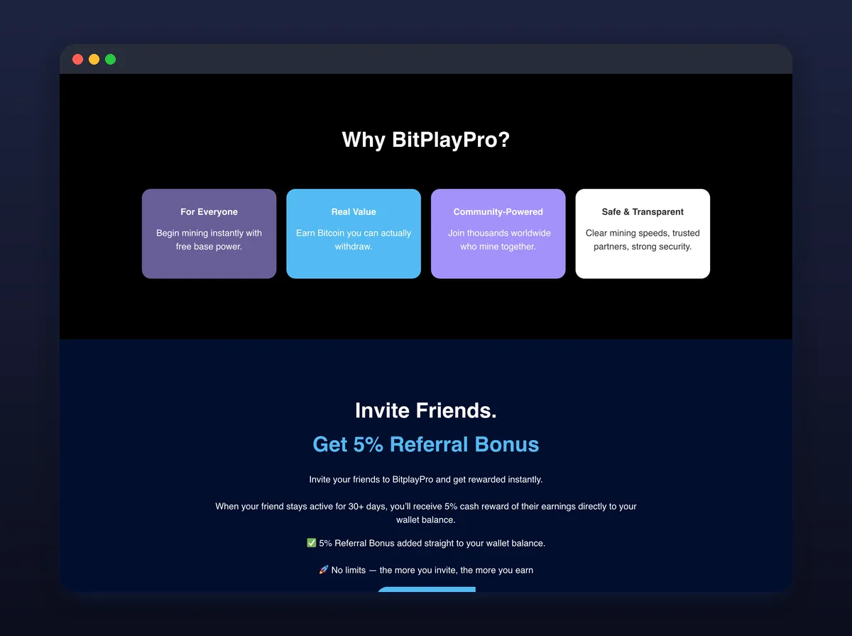 BitPlayPro benefits and 5% referral bonus