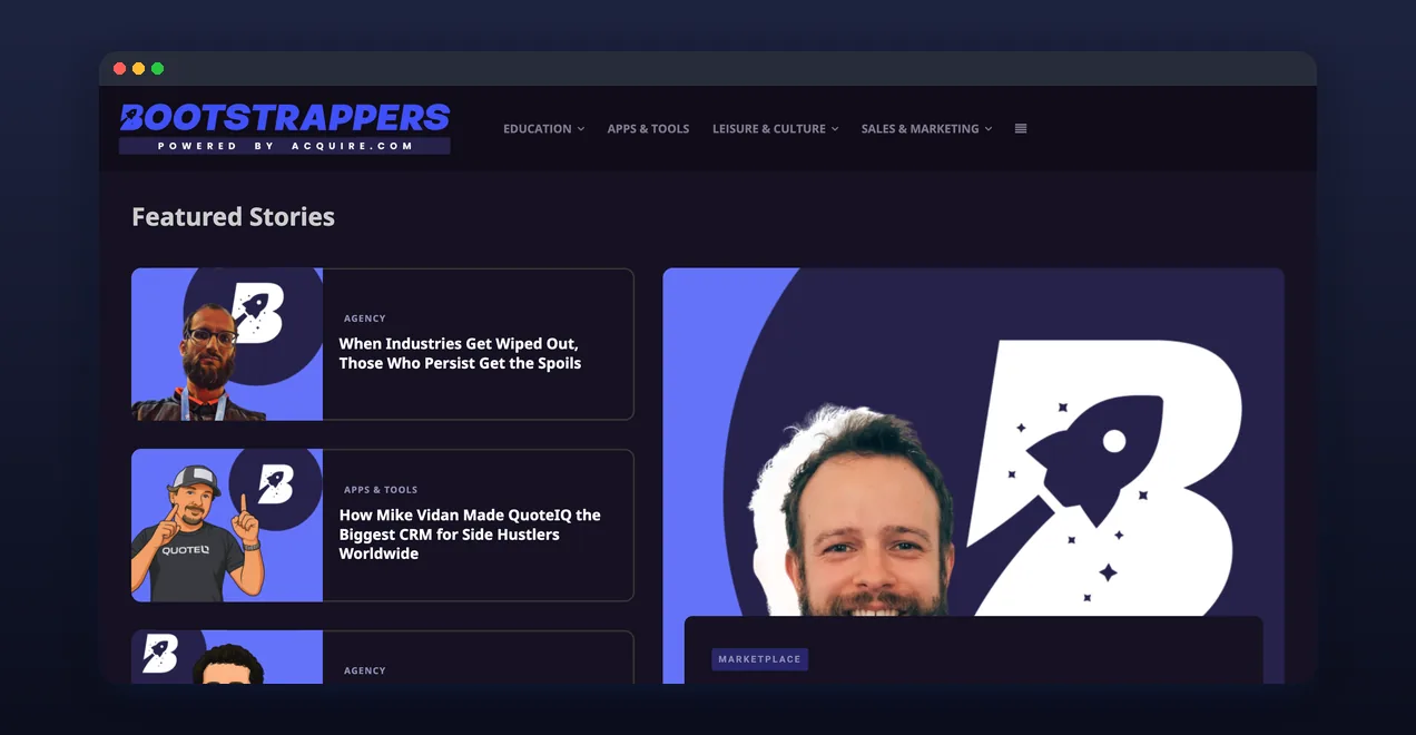 Bootstrappers publication home page with featured founder stories