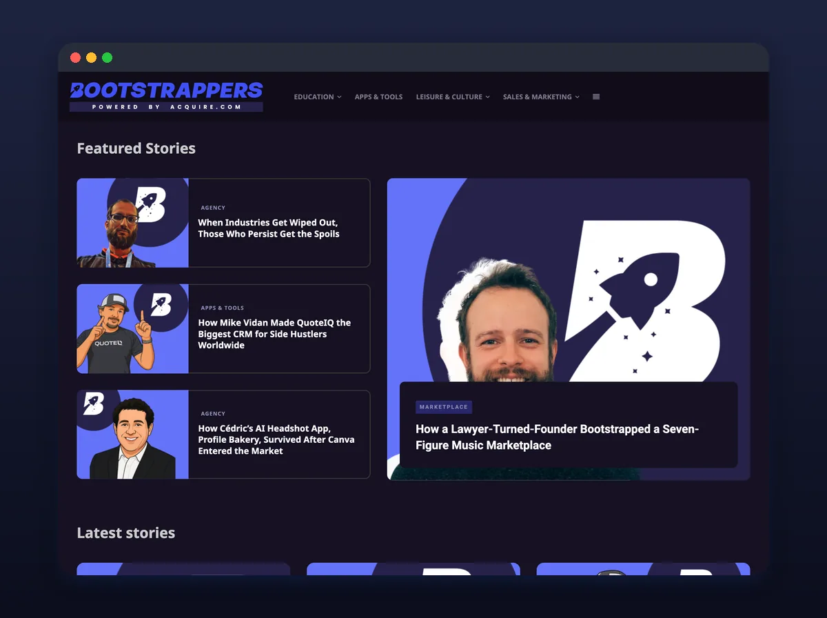 Bootstrappers home page with featured and latest founder stories