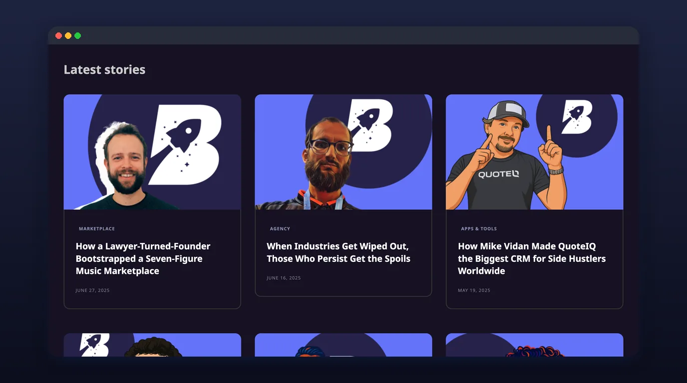 Bootstrappers latest stories grid with category labels