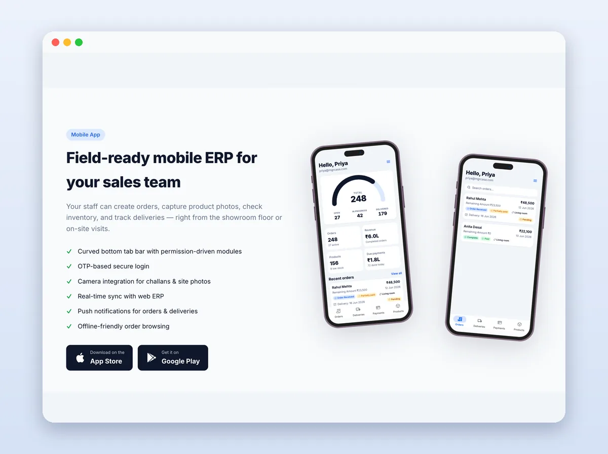 Furniture ERP mobile app for the field sales team