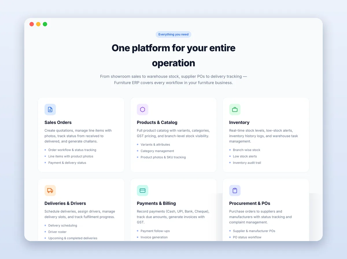Furniture ERP modules: sales orders, catalogue, inventory, deliveries, billing and procurement