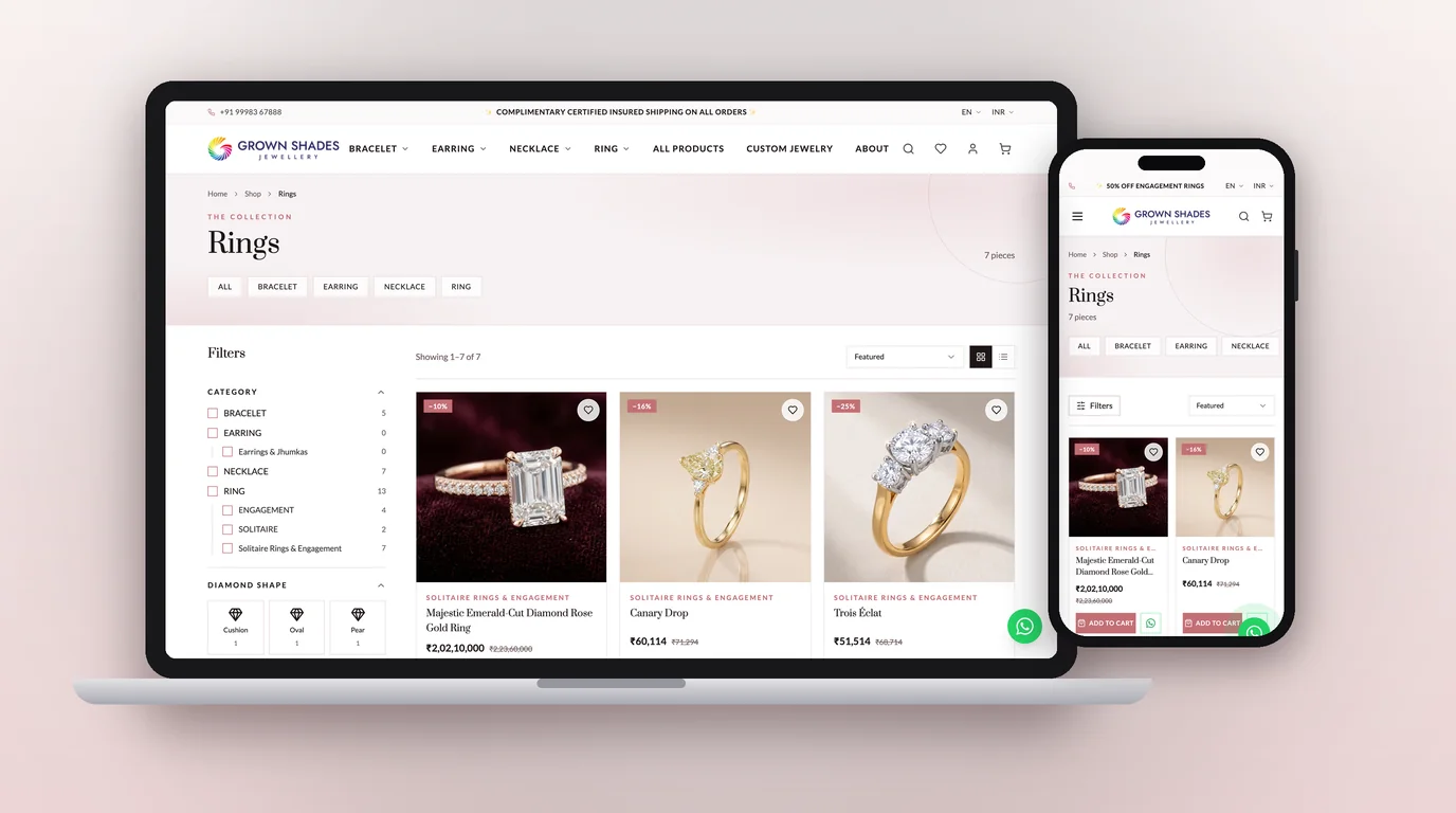 Grown Shades Jewellery shop page with category and diamond-shape filters