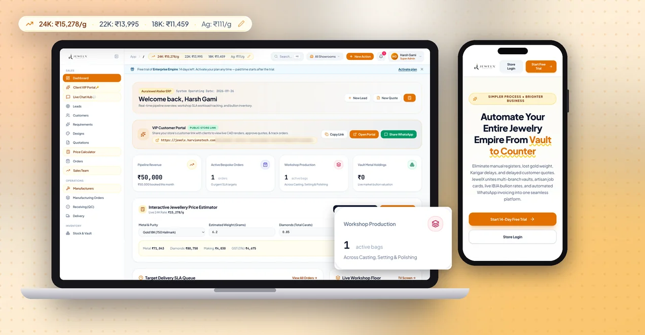 JewelX jewellery ERP dashboard on laptop and phone with live gold rates