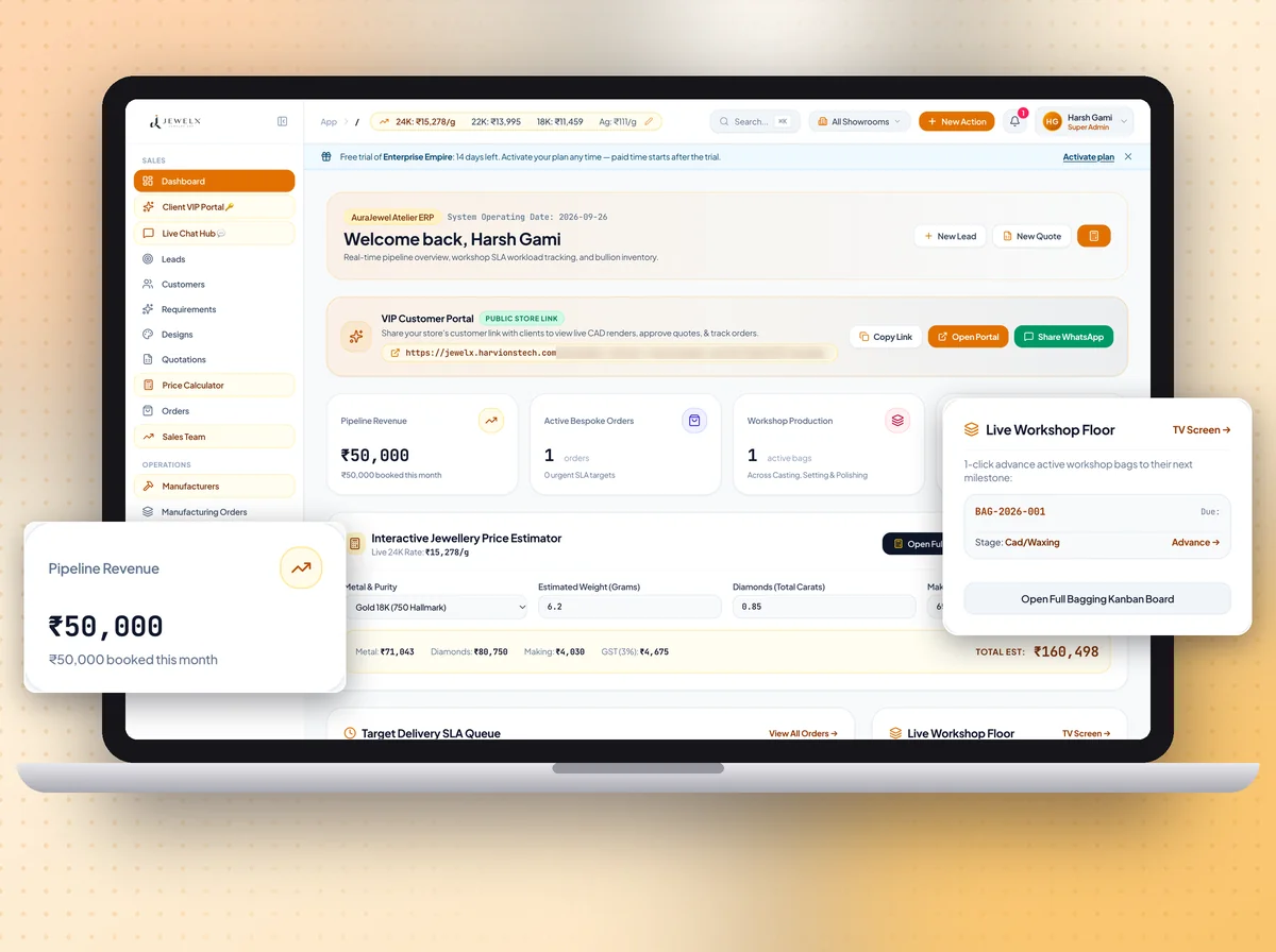 JewelX dashboard with pipeline revenue, workshop floor and live gold rates