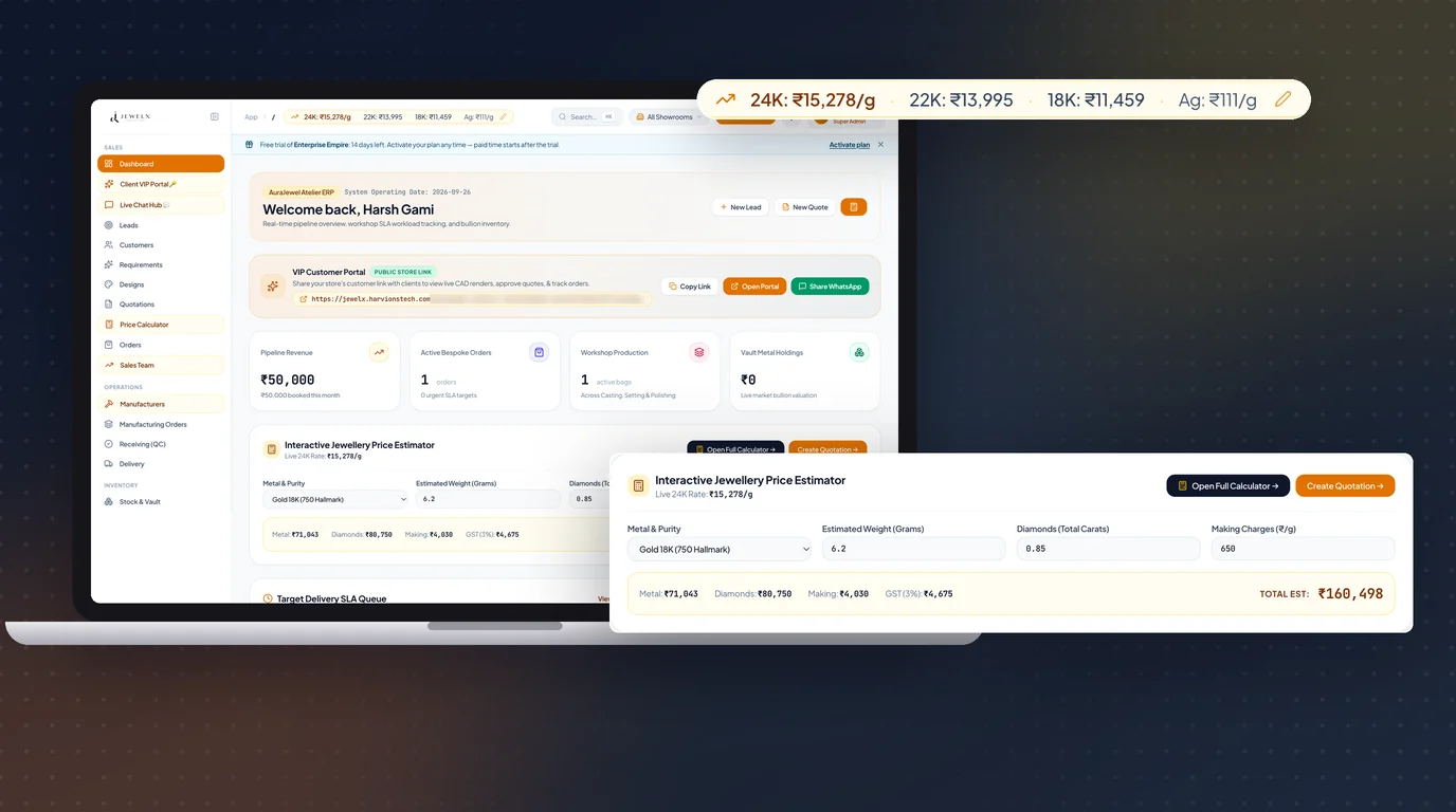 JewelX jewellery price estimator with metal, diamonds, making charges and GST