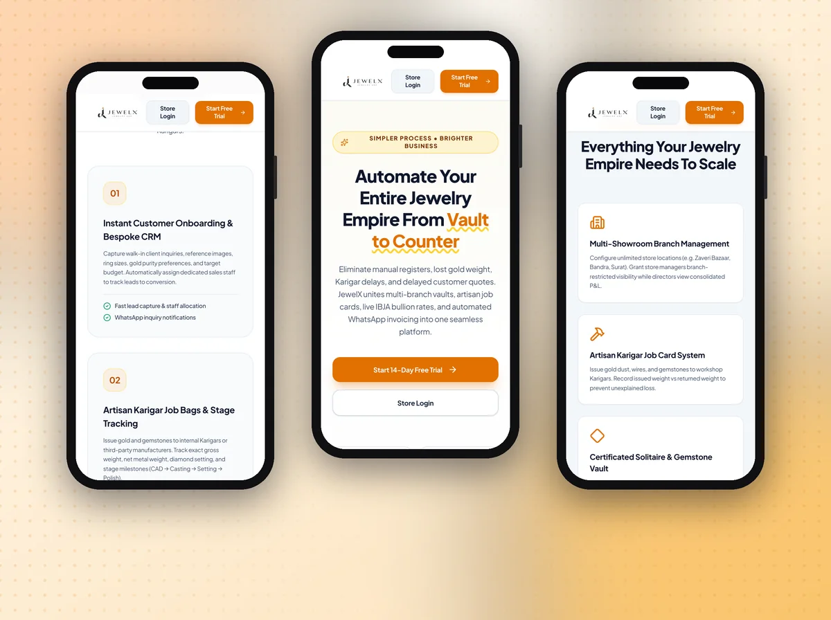JewelX website on mobile: workflow, hero and features