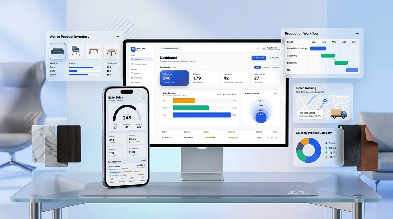 Furniture ERP screens showing product inventory, production workflow and order tracking