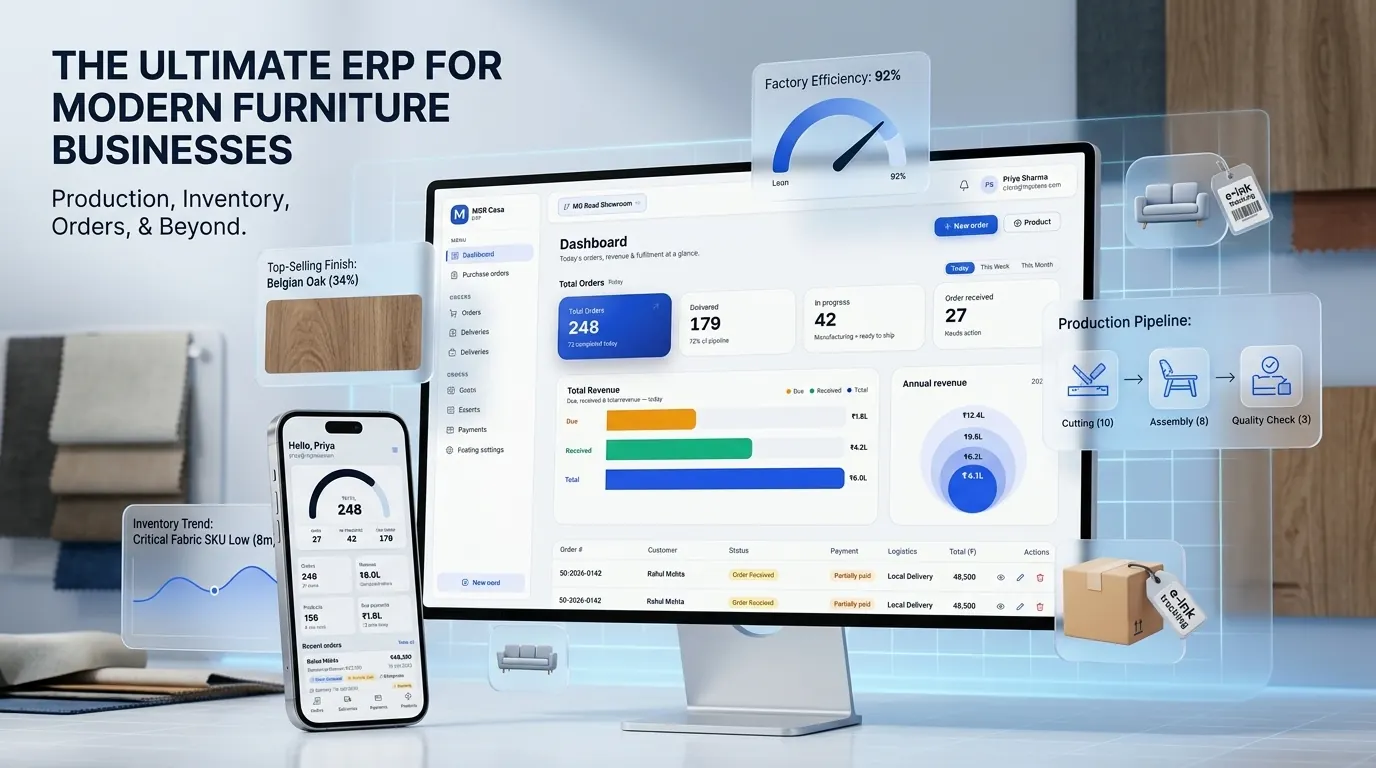 Furniture ERP production pipeline from cutting to assembly and quality check