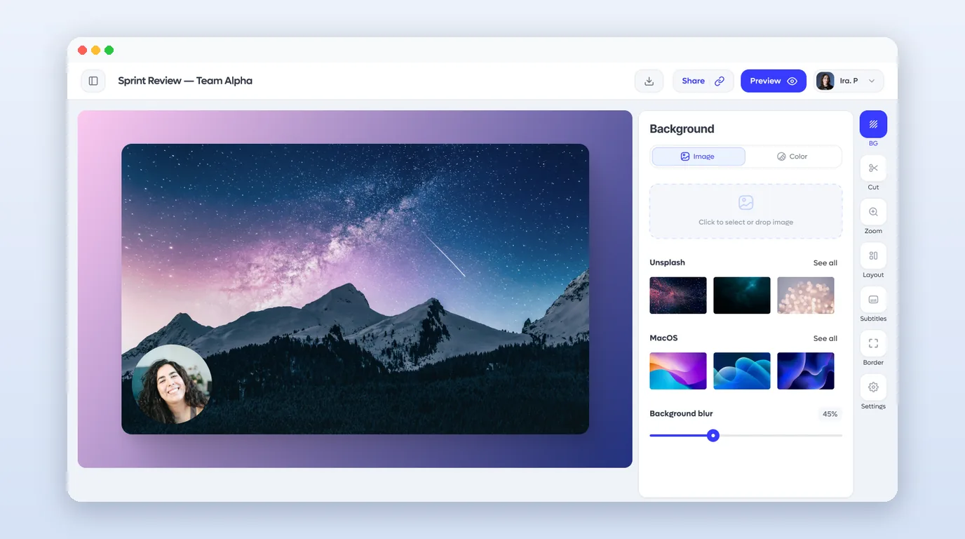 MicroCast video editor with background, blur and camera bubble