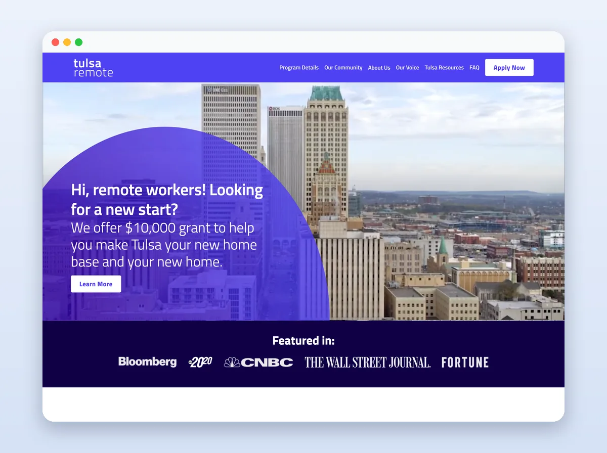 TulsaRemote home page with program introduction and press mentions