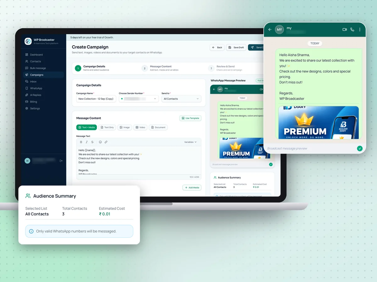 WP Broadcaster create campaign screen with WhatsApp preview and audience summary
