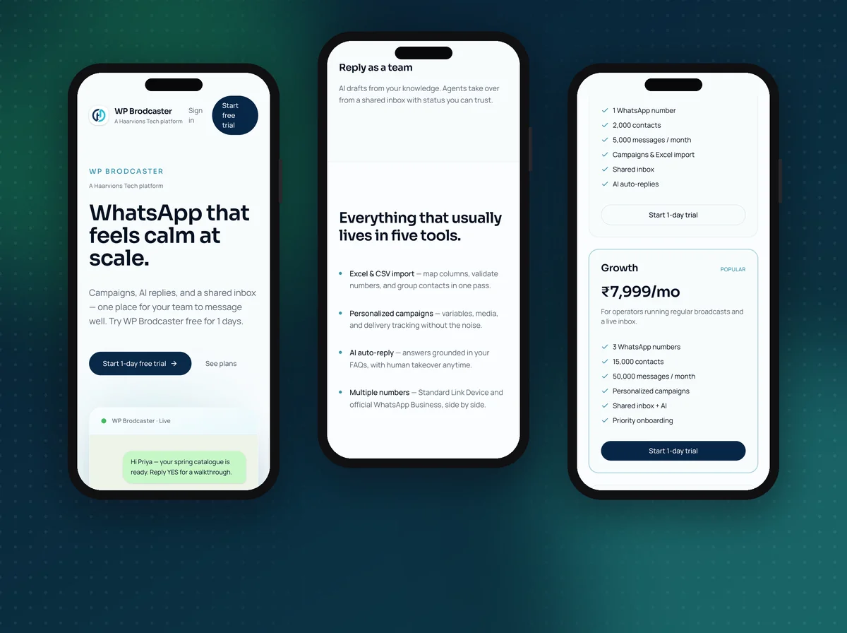 WP Broadcaster website on mobile: hero, features and pricing